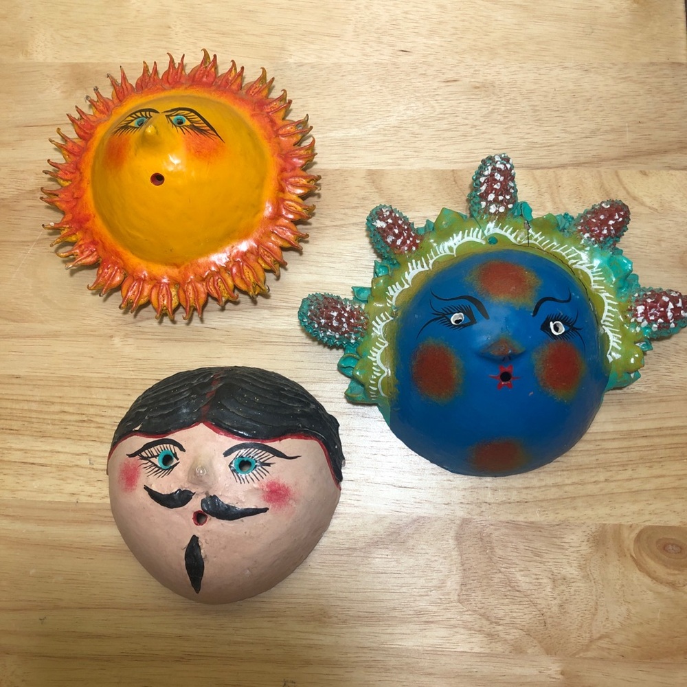 VTG Coconut Mask LOT OF 3 Sun Man Face Artistic Hand Painted Wall Art  READ